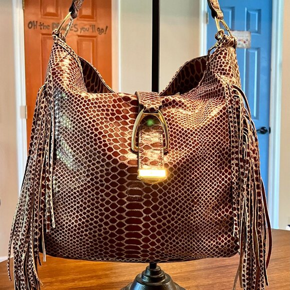 G.I.L.I. Reddish Brown Snakeskin Embossed Leather Fringe Hobo Shoulder Bag Purse - Picture 1 of 11